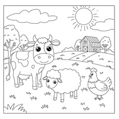 Farm Animals Coloring Page with Cow Sheep and Chicken in a Field