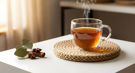 Fragrant steam rising from a clear cup of spiced tea, arranged with cinnamon and star anise on a