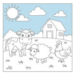 Cute Farm Animals Coloring Page with Cow Sheep Chicken and Barn