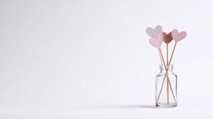 Three hearts on sticks in a glass jar.