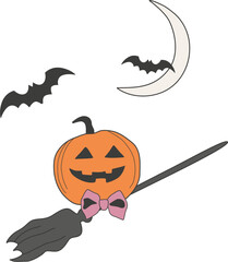 Halloween vector composition with pumpkin, bats, broom, moon. Festive Funny character Perfect for decor cards, invitations, t-shirt design.
