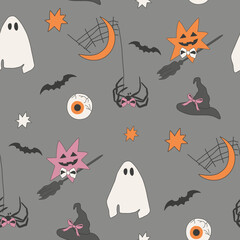 Halloween vector pattern with stars, ghosts, brooms, spider web, spiders, creepy eyes  on the dark grey background for wrapping paper, texile design, fabric, scrapbooking