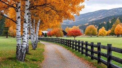Birch trees lining gravel road leading to farm in autumn landscape