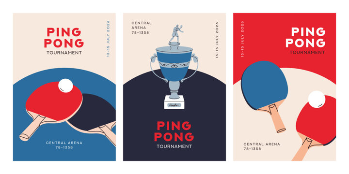 Ping pong poster designs set. Table tennis tournament, flyer backgrounds with typography. Sports game match with racket paddle, ball, championship cup, vertical banner, card. Flat vector illustration - Powered by Adobe