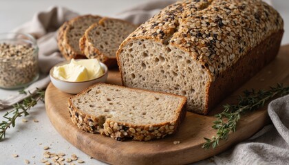 Light brown loaf of bread, sliced to reveal soft chewy texture. Golden butter complements bread hue. Rustic setting with beige curtain and white countertop. Whole grain seeded bread, healthy eating.
