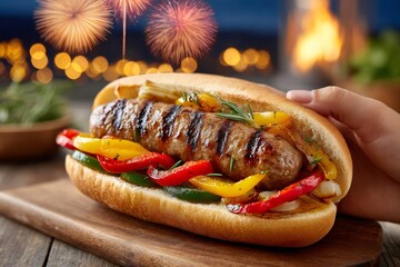 Person holding grilled sausage with peppers and onions in bun during fireworks display