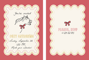 Vector Festive horse with ribbon bow printable template celebratory card perfect for Christmas and New Year. Vector greeting card ready for print.
