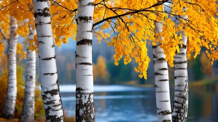 White birch trees showing off their beautiful yellow autumn colors by a lake
