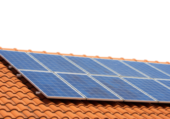 Blue solar panels installed on a red orange terracotta tile roof. Isolated on transparent background, png