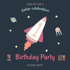 Space Baby Birthday Invitation design. Baby Shower vector template with rocket, p[[laner, stars. Cosmic childish postcard