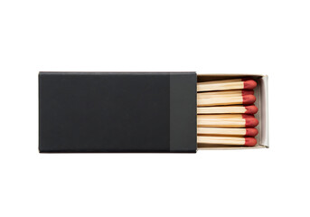 Open black matchbox with wooden matches showing red tips. Isolated on transparent background, png