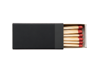 Open black matchbox with wooden matches showing red tips. Isolated on transparent background, png