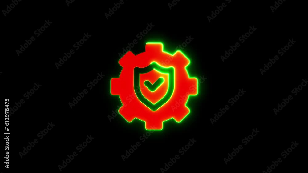 Poster animated security icon with checkmark in a gear symbol over a black background