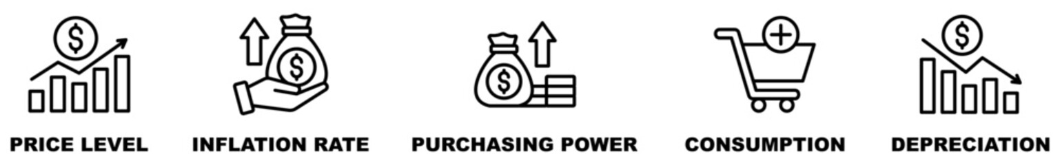 Banner of inflation vector illustration concept with English keywords and icon of price level, inflation rate, purchasing power, consumption
