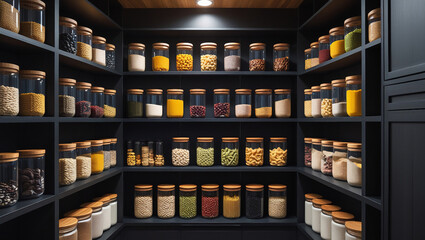 Transparent jar pantry shelf with dried goods for healthy lifestyle content. Ideal for culinary branding, kitchen organization, and sleek photography.