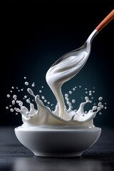 Milk Splash in Bowl with Spoon for Dairy Product and Liquid Concept