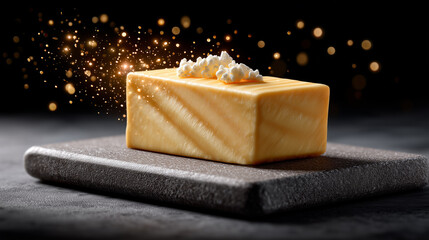 Delicious Cheddar Cheese Block with Golden Sparkle on Dark Stone Slab