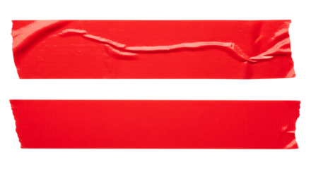 Two strips of red duct tape, one wrinkled and one smooth. Isolated on transparent background, png