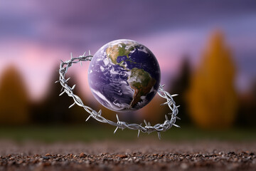 Conceptual Earth Globe Entangled in Barbed Wire Symbolizing Global Conflict