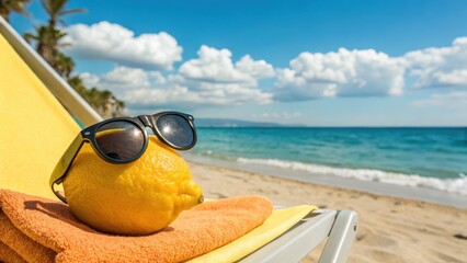 A Lemon in Sunglasses Relaxing on a Beach Lounge Chair