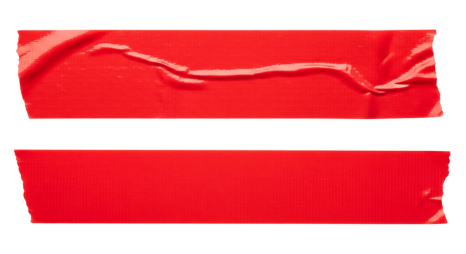 Two strips of red duct tape, one wrinkled and one smooth. Isolated on transparent background, png
