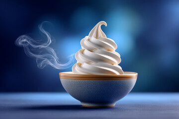 Elegant Soft Serve Ice Cream in Bowl with Smoke on Blue Background