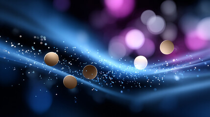 Abstract Gold Sphere with Blue Light Streaks and Bokeh Background