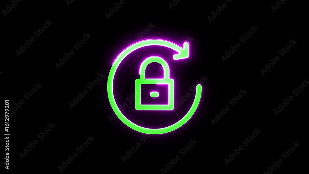 Poster glowing neon lock and arrow symbol for security and data protection concepts