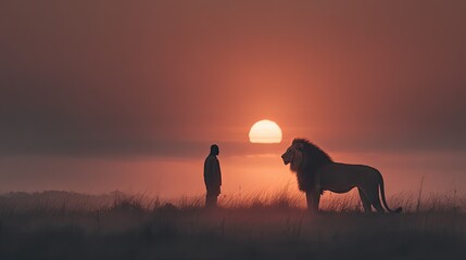 Naklejka premium Silhouettes of a lion and a human facing each other at sunset in the savanna, glowing sky and long shadows, symbolizing coexistence, respect for wildlife, and lion conservation awareness