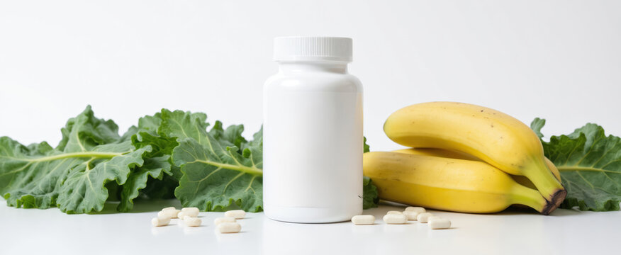 White bottle with green cap stands on table. Green label reads Nutra. Bananas in yellow-brown color with green skin sit next to bottle. Fresh leaves surround bottle, bananas. Green, yellow colors