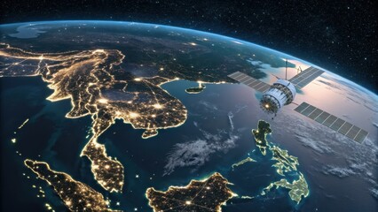 Satellite in Orbit Above Earth at Night Showing City Lights and Details