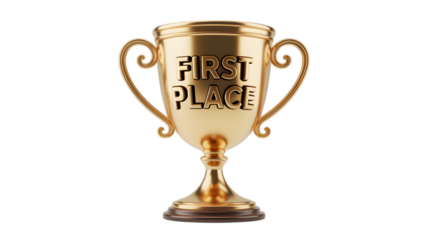 Golden trophy with first place inscription isolated on a transparent background award