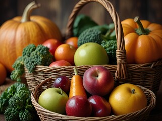 Abundant harvest basket filled with fresh autumn fruits and vegetables