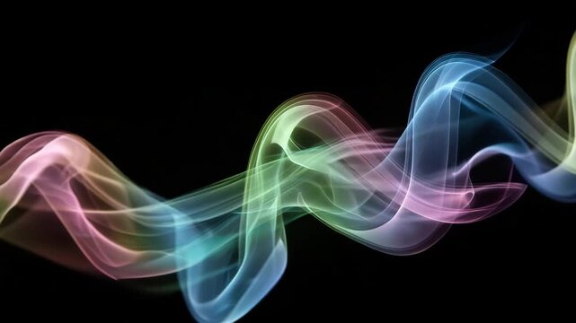 Delicate fusion of pastel rainbow smoke on a flat black background, forming soft loops and gradients,