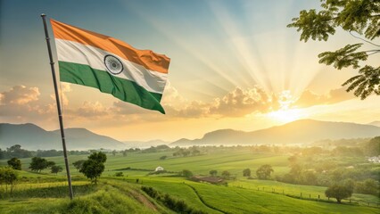 Vibrant Indian National Flag Waving Against Scenic Sky at Sunset