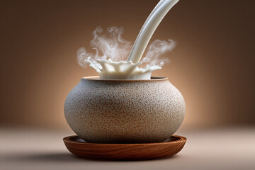 Milk Pouring into Ceramic Pot with Steam on Wooden Plate Against Brown Backdrop