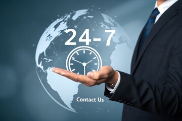 Businessman Holding a Globe with 24-7 Service Concept Visual