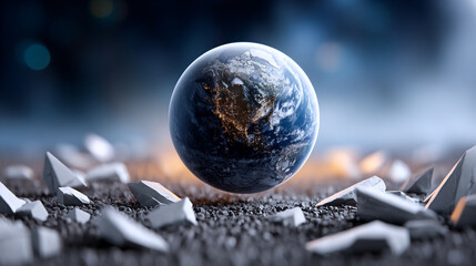 Earth Globe Floating Above Broken Concrete Ground Global Impact Concept