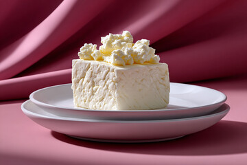 Feta Cheese Cube on Plate with Pink Background Food Still Life