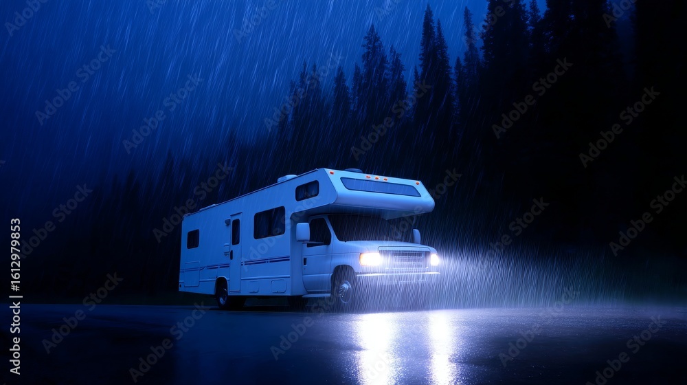Poster a serene image of a camper van illuminated in the dark. rain falls softly, creating a unique atmosph