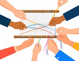 Collaborative Weaving Diverse Hands Crafting Together on Loom.