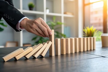 Strategy in Business: Hand Stopping Wooden Blocks from Falling