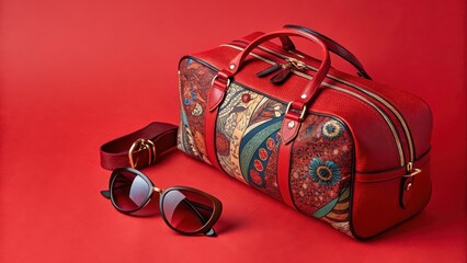 Colorful Travel Bag and Sunglasses on Vibrant Red Background