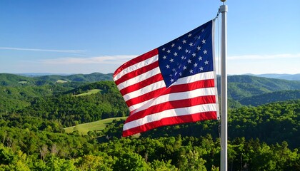 American flag waving over a valley