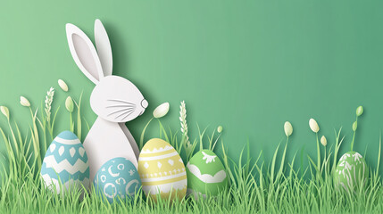 Easter bunny paper art pastel eggs green grass spring flowers