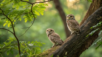 Two Young Owls Sitting Calmly on a Tree Branch in Nature
