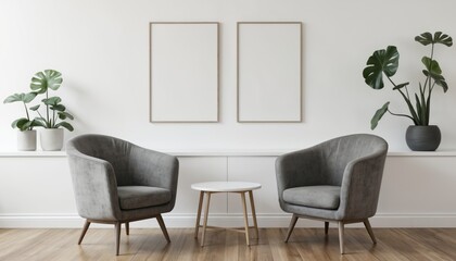 Gray armchairs against white wall, wooden side table with white round table, rectangular mirror above. Potted plants with green leaves and rich foliage. Additional plants on shelf in background.