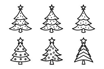 Set of christmas trees line art vector illustration, Pine tree outline vector bundle