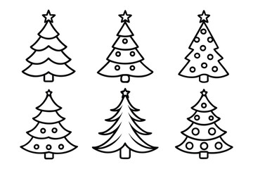 Set of christmas trees line art vector illustration, Pine tree outline vector bundle
