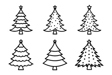 Set of christmas trees line art vector illustration, Pine tree outline vector bundle